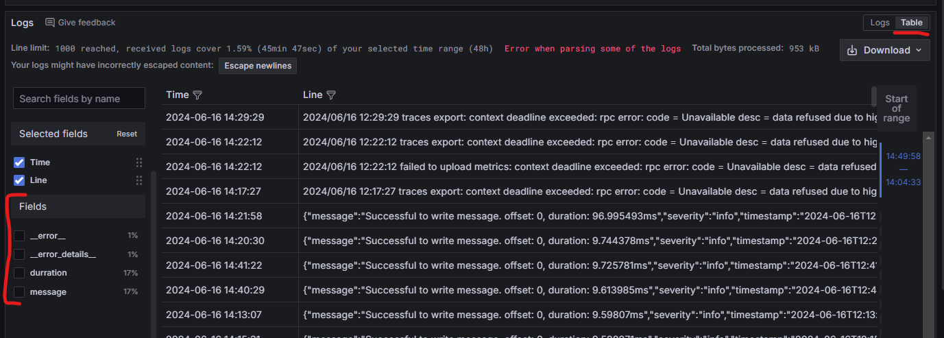 Parsed fields in Table mode
